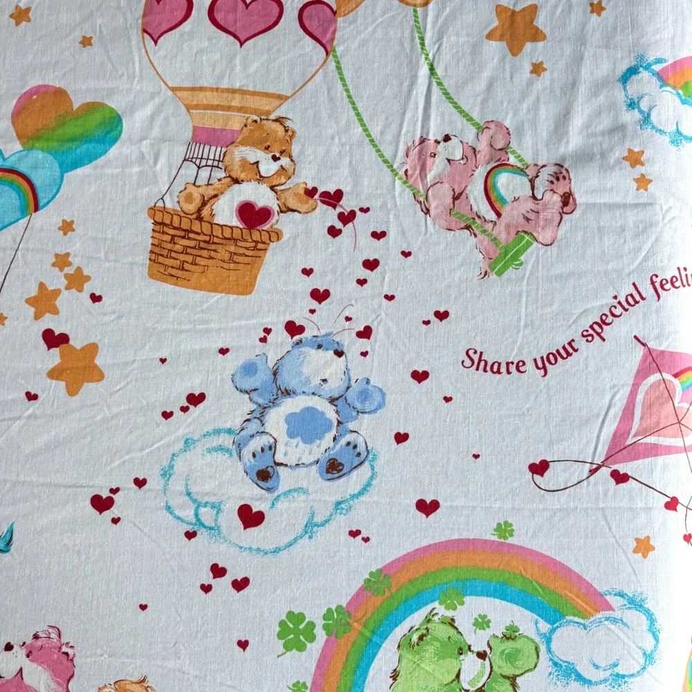 Care Bears Twin Flat Sheet Kids White Clouds Rainbow Hearts Balloons 80s